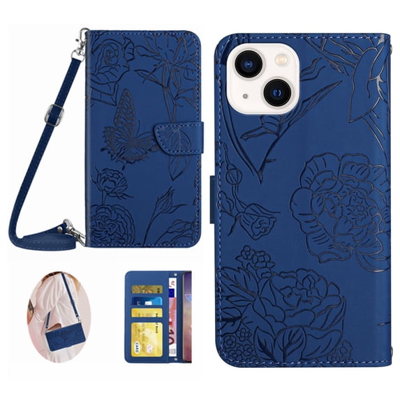 Feishell Crossbody Wallet Cover for iPhone 15 Plus,Flower & Butterfly Embossed Pattern PU Leather Magnetic Flip Stand Card Slots Shockproof Phone Case with Shoulder & Wrist Strap,Darkblue
