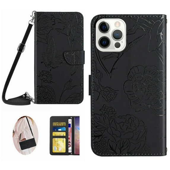 Feishell Crossbody Wallet Cover for iPhone 16 Pro,Flower & Butterfly Embossed Pattern PU Leather Magnetic Flip Stand Card Slots Shockproof Phone Case with Shoulder & Wrist Strap,Black