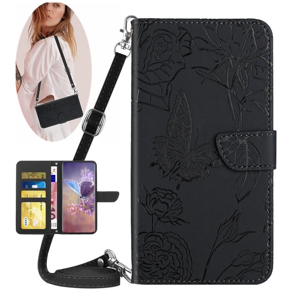 Feishell Crossbody Wallet Cover for iPhone 16e,Flower & Butterfly Embossed Pattern PU Leather Magnetic Flip Stand Card Slots Shockproof Phone Case with Shoulder & Wrist Strap,Black