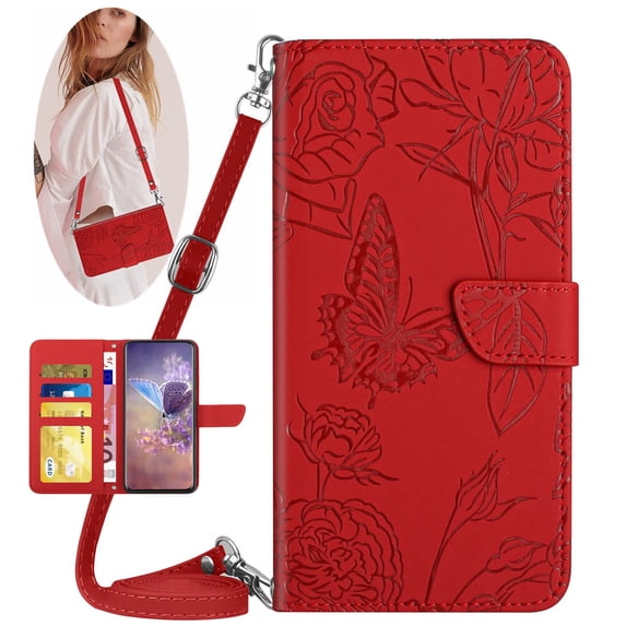 Feishell Crossbody Wallet Cover for iPhone 16e,Flower & Butterfly Embossed Pattern PU Leather Magnetic Flip Stand Card Slots Shockproof Phone Case with Shoulder & Wrist Strap,Red