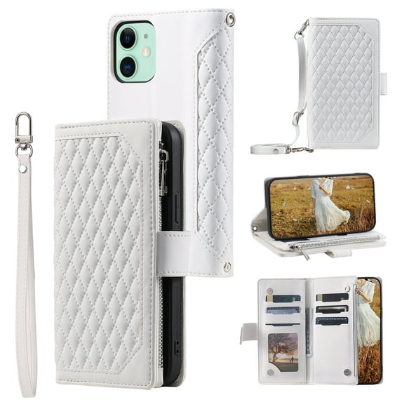 Feishell Crossbody Wallet Phone Case for Apple iPhone 11,Luxury PU Leather Magnetic Buckle Zipper Pocket Card Slots Flip Stand Protective Cover with Hand Strap & Shoulder Strap,White