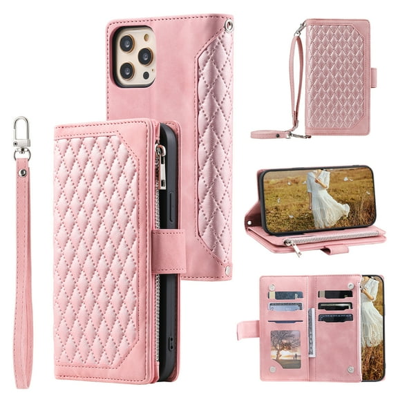 Feishell Crossbody Wallet Phone Case for Apple iPhone 12 Pro Max,Luxury PU Leather Magnetic Buckle Zipper Pocket Card Slots Flip Stand Protective Cover with Hand Strap & Shoulder Strap,Rosegold