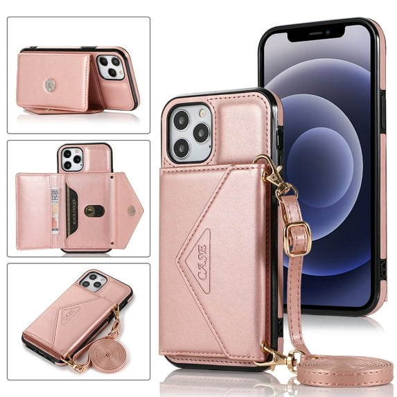 Feishell Crossbody Wallet Phone Case for Apple iPhone 12 / 12 Pro with Removable Shoulder Strap,for Women Girls,Magnetic Clasp Credit Card Slots PU Leather Kickstand Shockproof Phone Case,Rosegold