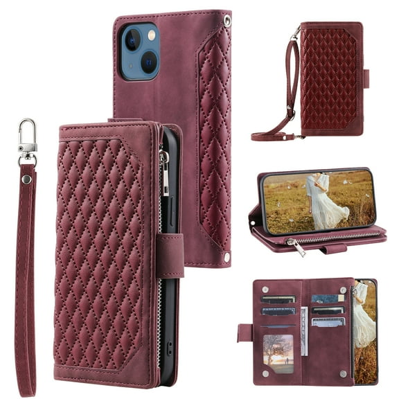Feishell Crossbody Wallet Phone Case for Apple iPhone 13,Luxury PU Leather Magnetic Buckle Zipper Pocket Card Slots Flip Stand Protective Cover with Hand Strap & Shoulder Strap,Winered
