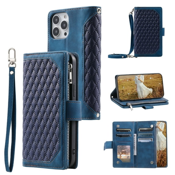 Feishell Crossbody Wallet Phone Case for Apple iPhone 13 Pro,Luxury PU Leather Magnetic Buckle Zipper Pocket Card Slots Flip Stand Protective Cover with Hand Strap & Shoulder Strap,Blue