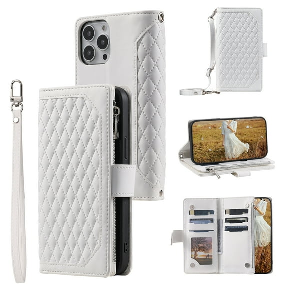 Feishell Crossbody Wallet Phone Case for Apple iPhone 13 Pro Max,Luxury PU Leather Magnetic Buckle Zipper Pocket Card Slots Flip Stand Protective Cover with Hand Strap & Shoulder Strap,White