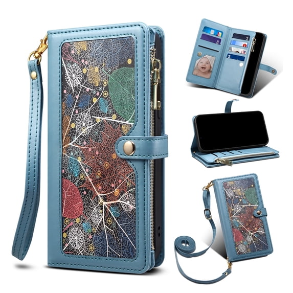 Feishell Crossbody Wallet Phone Case for Apple iPhone 7/8/SE 2020/SE 2022,with Hand Strap & Shoulder Strap,Luxury PU Leather Magnetic Clasp Multi Card Slots Flip Kickstand Phone Case,Blue