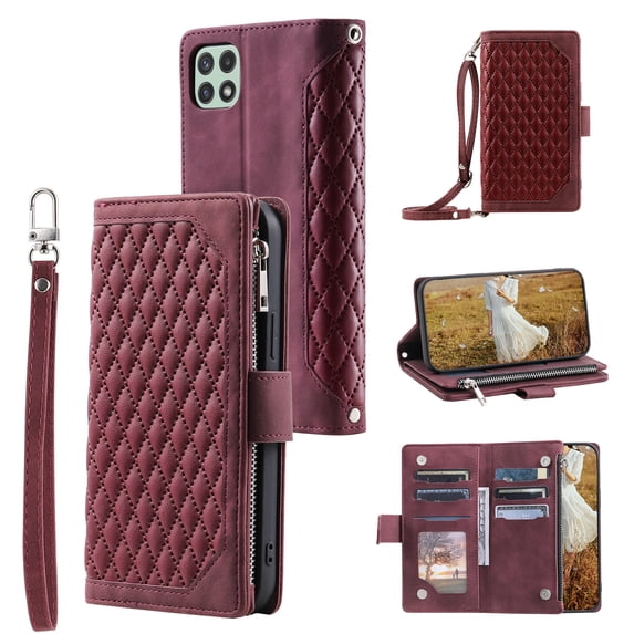 Feishell Crossbody Wallet Phone Case for Samsung Galaxy A12 5G,Luxury PU Leather Magnetic Buckle Zipper Pocket Card Slots Flip Stand Protective Cover with Hand Strap & Shoulder Strap,Winered