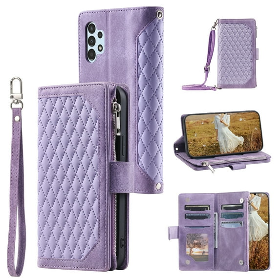 Feishell Crossbody Wallet Phone Case for Samsung Galaxy A32 5G,Luxury PU Leather Magnetic Buckle Zipper Pocket Card Slots Flip Stand Protective Cover with Hand Strap & Shoulder Strap,Purple