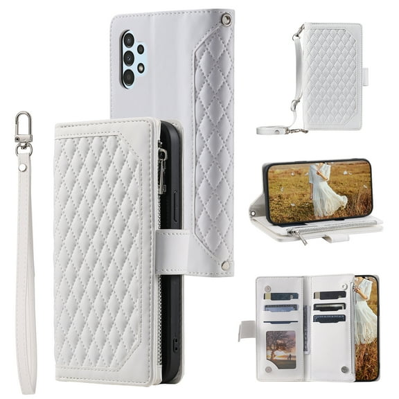 Feishell Crossbody Wallet Phone Case for Samsung Galaxy A32 5G,Luxury PU Leather Magnetic Buckle Zipper Pocket Card Slots Flip Stand Protective Cover with Hand Strap & Shoulder Strap,White