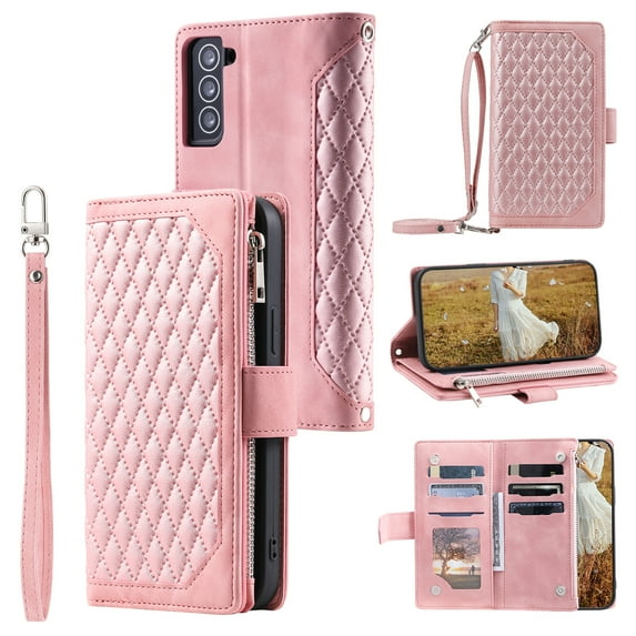 Feishell Crossbody Wallet Phone Case for Samsung Galaxy S21 FE 5G,Luxury PU Leather Magnetic Buckle Zipper Pocket Card Slots Flip Stand Protective Cover with Hand Strap & Shoulder Strap,Rosegold