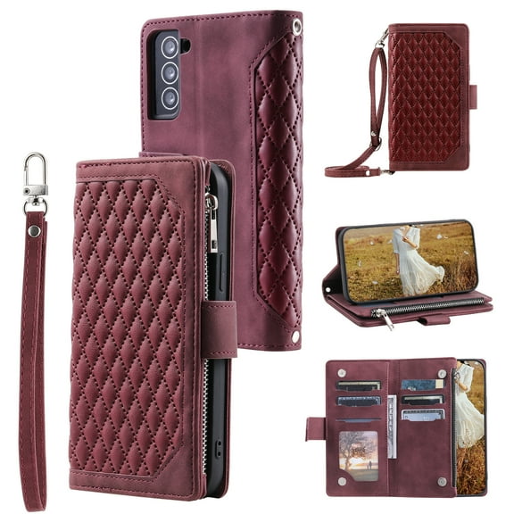 Feishell Crossbody Wallet Phone Case for Samsung Galaxy S21+,Luxury PU Leather Magnetic Buckle Zipper Pocket Card Slots Flip Stand Protective Cover with Hand Strap & Shoulder Strap,Winered