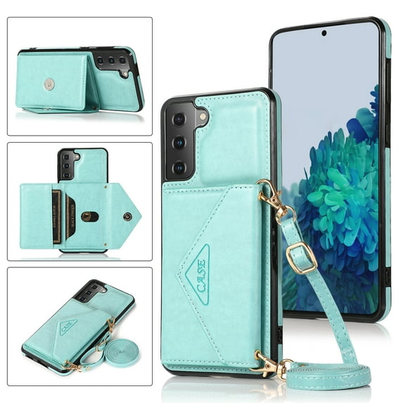 Feishell Crossbody Wallet Phone Case for Samsung Galaxy S21+ with Removable Shoulder Strap,for Women Girls,Magnetic Clasp Credit Card Slots PU Leather Kickstand Shockproof Phone Case,Mint