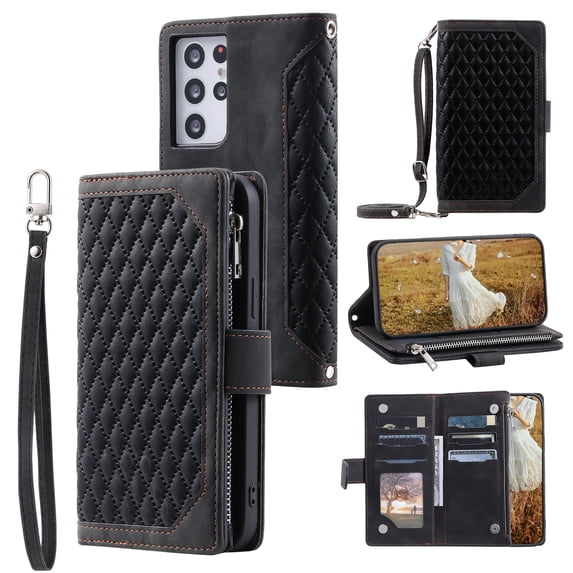 Feishell Crossbody Wallet Phone Case for Samsung Galaxy S21 Ultra,Luxury PU Leather Magnetic Buckle Zipper Pocket Card Slots Flip Stand Protective Cover with Hand Strap & Shoulder Strap,Black