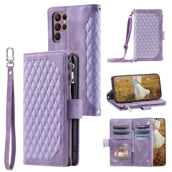 Feishell Crossbody Wallet Phone Case for Samsung Galaxy S22 Ultra 5G,Luxury PU Leather Magnetic Buckle Zipper Pocket Card Slots Flip Stand Protective Cover with Hand Strap & Shoulder Strap,Purple