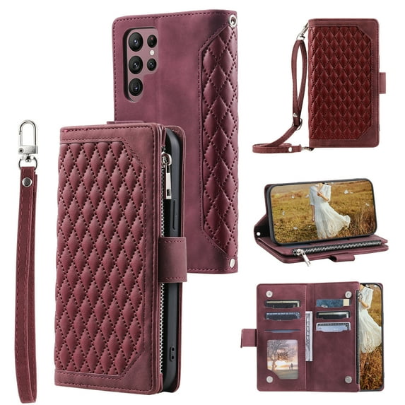 Feishell Crossbody Wallet Phone Case for Samsung Galaxy S22 Ultra 5G,Luxury PU Leather Magnetic Buckle Zipper Pocket Card Slots Flip Stand Protective Cover with Hand Strap & Shoulder Strap,Winered
