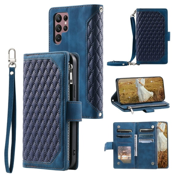 Feishell Crossbody Wallet Phone Case for Samsung Galaxy S22 Ultra 5G,Luxury PU Leather Magnetic Buckle Zipper Pocket Card Slots Flip Stand Protective Cover with Hand Strap & Shoulder Strap,Blue