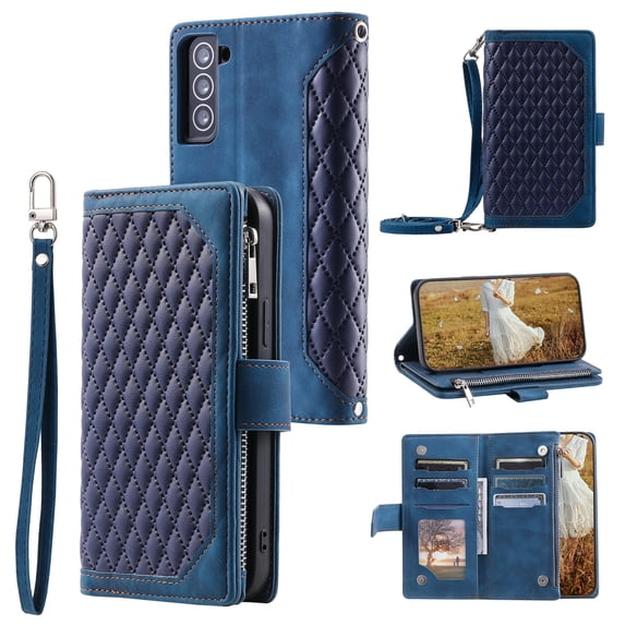 Feishell Crossbody Wallet Phone Case for Samsung Galaxy S24 FE,Luxury PU Leather Magnetic Buckle Zipper Pocket Card Slots Flip Stand Protective Cover with Hand Strap & Shoulder Strap,Blue
