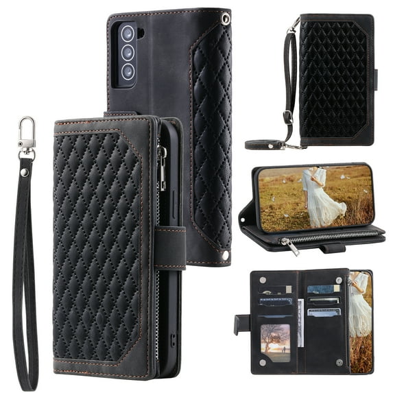 Feishell Crossbody Wallet Phone Case for Samsung Galaxy S24 Plus,Luxury PU Leather Magnetic Buckle Zipper Pocket Card Slots Flip Stand Protective Cover with Hand Strap & Shoulder Strap,Black