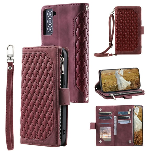 Feishell Crossbody Wallet Phone Case for Samsung Galaxy S25,Luxury PU Leather Magnetic Buckle Zipper Pocket Card Slots Flip Stand Protective Cover with Hand Strap & Shoulder Strap,Winered