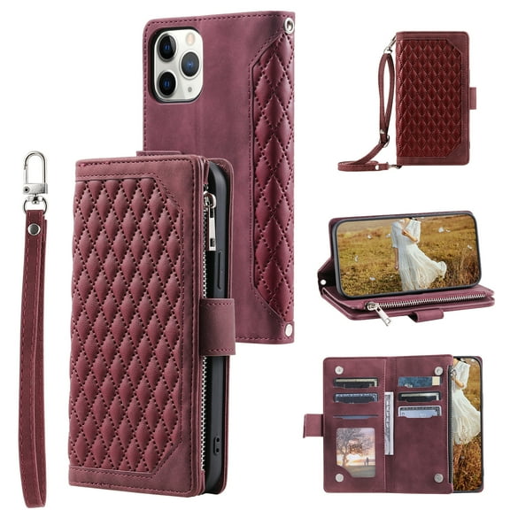 Feishell Crossbody Wallet Phone Case for iPhone 11 Pro,Luxury PU Leather Magnetic Buckle Zipper Pocket Card Slots Flip Stand Protective Cover with Hand Strap & Shoulder Strap,Winered