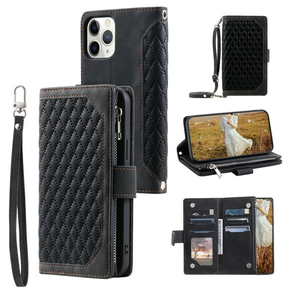 Feishell Crossbody Wallet Phone Case for iPhone 11 Pro,Luxury PU Leather Magnetic Buckle Zipper Pocket Card Slots Flip Stand Protective Cover with Hand Strap & Shoulder Strap,Black