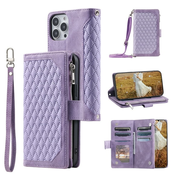 Feishell Crossbody Wallet Phone Case for iPhone 12/iPhone 12 Pro,Luxury PU Leather Magnetic Buckle Zipper Pocket Card Slots Flip Stand Protective Cover with Hand Strap & Shoulder Strap,Purple