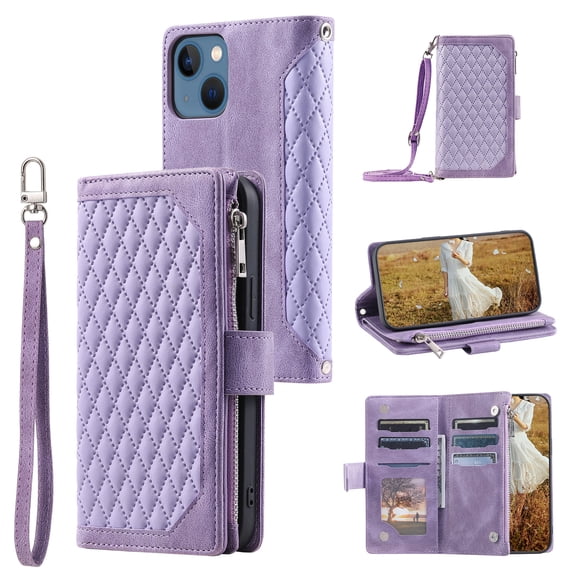 Feishell Crossbody Wallet Phone Case for iPhone 13 mini,Luxury PU Leather Magnetic Buckle Zipper Pocket Card Slots Flip Stand Protective Cover with Hand Strap & Shoulder Strap,Purple