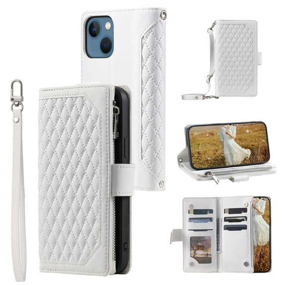 Feishell Crossbody Wallet Phone Case for iPhone 13 mini,Luxury PU Leather Magnetic Buckle Zipper Pocket Card Slots Flip Stand Protective Cover with Hand Strap & Shoulder Strap,White