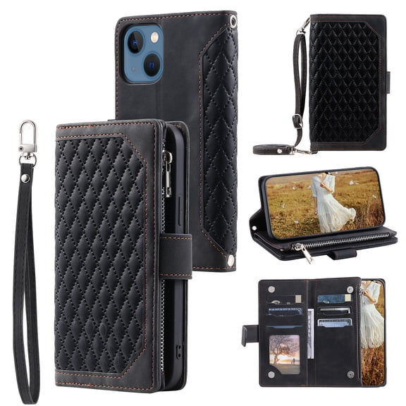 Feishell Crossbody Wallet Phone Case for iPhone 14,Luxury PU Leather Magnetic Buckle Zipper Pocket Card Slots Shockproof Flip Stand Protective Cover with Hand Strap & Shoulder Strap,Black