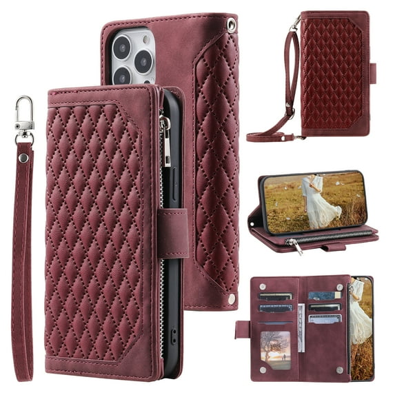Feishell Crossbody Wallet Phone Case for iPhone 14 Pro,Luxury PU Leather Magnetic Buckle Zipper Pocket Card Slots Shockproof Flip Stand Protective Cover with Hand Strap & Shoulder Strap,Winered