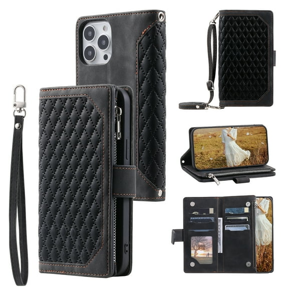 Feishell Crossbody Wallet Phone Case for iPhone 14 Pro Max,Luxury PU Leather Magnetic Buckle Zipper Pocket Card Slots Shockproof Flip Stand Protective Cover with Hand Strap & Shoulder Strap,Black