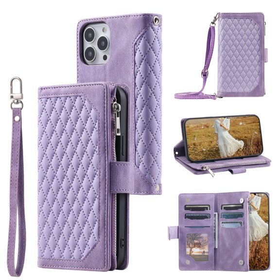 Feishell Crossbody Wallet Phone Case for iPhone 14 Pro Max,Luxury PU Leather Magnetic Buckle Zipper Pocket Card Slots Shockproof Flip Stand Protective Cover with Hand Strap & Shoulder Strap,Purple