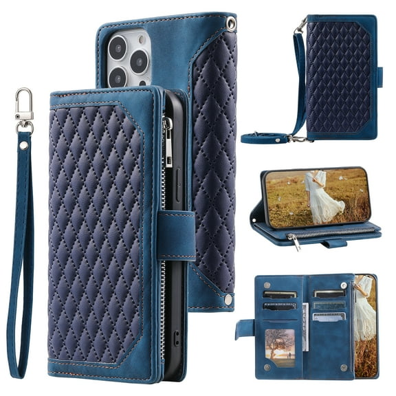 Feishell Crossbody Wallet Phone Case for iPhone 15 Pro Max,Luxury PU Leather Magnetic Buckle Zipper Pocket Card Slots Flip Stand Protective Cover with Hand Strap & Shoulder Strap,Blue