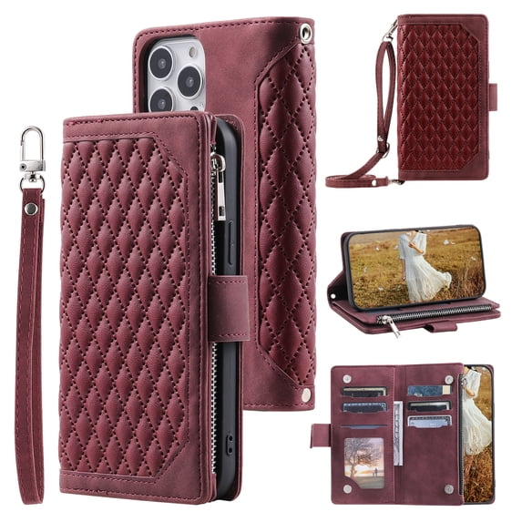 Feishell Crossbody Wallet Phone Case for iPhone 16,Luxury PU Leather Magnetic Buckle Zipper Pocket Card Slots Flip Stand Protective Cover with Hand Strap & Shoulder Strap,Winered