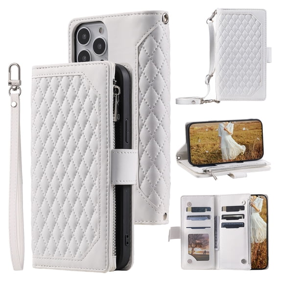 Feishell Crossbody Wallet Phone Case for iPhone 16,Luxury PU Leather Magnetic Buckle Zipper Pocket Card Slots Flip Stand Protective Cover with Hand Strap & Shoulder Strap,White