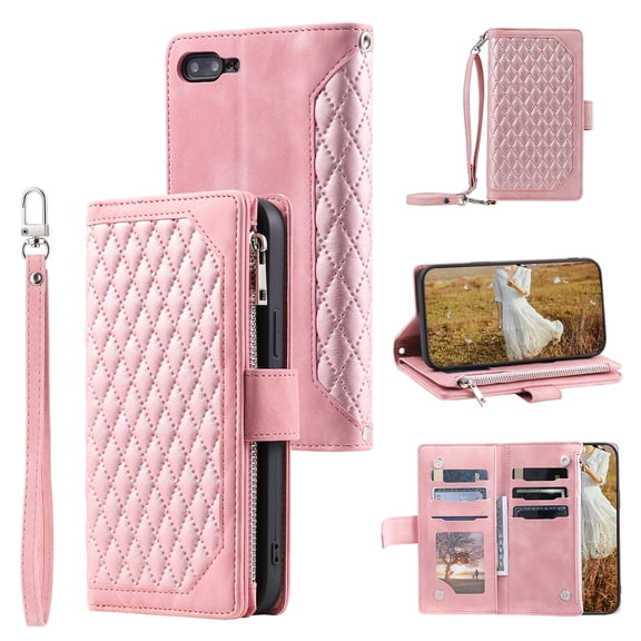 Feishell Crossbody Wallet Phone Case for iPhone 8 Plus/iPhone 7 Plus,Luxury PU Leather Magnetic Buckle Zipper Pocket Card Slots Flip Stand Protective Cover with Hand Strap & Shoulder Strap,Rosegold