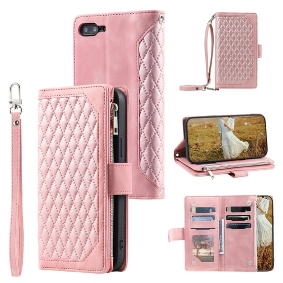 Feishell Crossbody Wallet Phone Case for iPhone 8 Plus/iPhone 7 Plus,Luxury PU Leather Magnetic Buckle Zipper Pocket Card Slots Flip Stand Protective Cover with Hand Strap & Shoulder Strap,Rosegold
