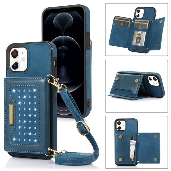 Feishell Crossbody Wallet Women Case for iPhone 11,[RFID Blocking] Credit Card Holder Phone Case with Strap,PU Leather Purse with Lanyard Bling Flip Cover For iPhone 11, Blue