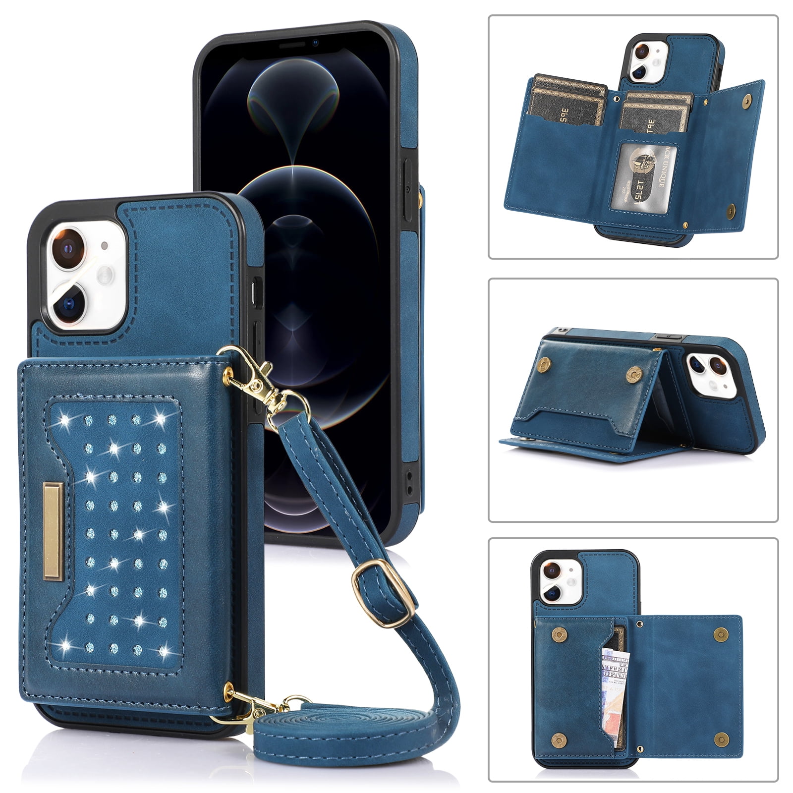 Leather Wallet Phone Case With Crossbody Strap Card Holder