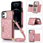Feishell Crossbody Wallet Women Case for iPhone 11,[RFID Blocking] Credit Card Holder Phone Case with Strap,PU Leather Purse with Lanyard Bling Flip Cover For iPhone 11, Pink