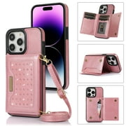Feishell Crossbody Wallet Women Case for iPhone 12 Pro/12, [RFID Blocking] Credit Card Holder Phone Case with Strap,PU Leather Purse with Lanyard Bling Flip Cover For iPhone 12/12 Pro, Pink