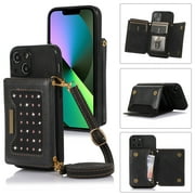 Feishell Crossbody Wallet Women Case for iPhone 13,[RFID Blocking] Credit Card Holder Phone Case with Strap,PU Leather Purse with Lanyard Bling Flip Cover For iPhone 13, Black