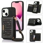 Feishell Crossbody Wallet Women Case for iPhone 14,[RFID Blocking] Credit Card Holder Phone Case with Strap,PU Leather Purse with Lanyard Bling Flip Cover For iPhone 14, Black