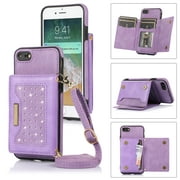 Feishell Crossbody Wallet Women Case for iPhone 7, iPhone 8, iPhone SE 2020,[RFID Blocking] Credit Card Holder Phone Case with Strap,PU Leather Purse with Lanyard Bling Flip Cover, Purple