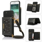 Feishell Crossbody Wallet Women Case for iPhone 7 Plus, iPhone 8 Plus,Credit Card Holder Phone Case with Strap,PU Leather Purse with Lanyard Bling Flip Cover For iPhone 8 Plus/7 Plus, Black