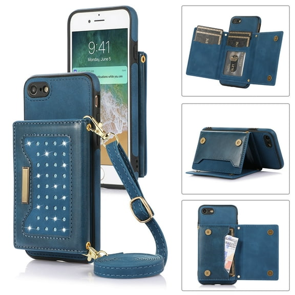 Feishell Crossbody Wallet Women Case for iPhone 7, iPhone 8, iPhone SE 2020,[RFID Blocking] Credit Card Holder Phone Case with Strap,PU Leather Purse with Lanyard Bling Flip Cover, Blue