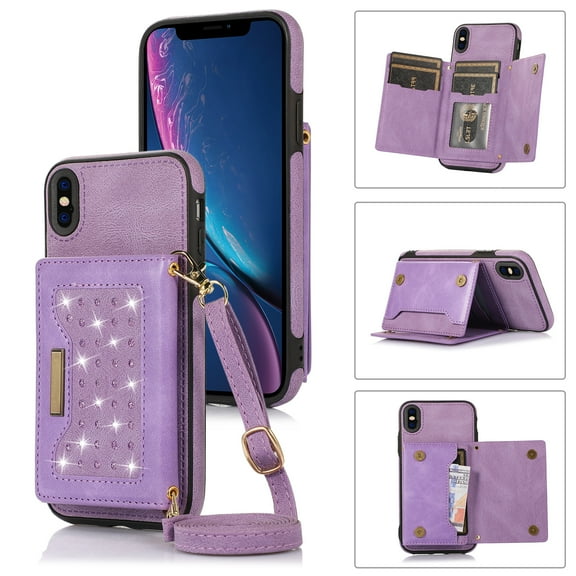 Feishell Crossbody Wallet Women Case for iPhone XS Max,[RFID Blocking] Credit Card Holder Phone Case with Strap,PU Leather Purse with Lanyard Bling Flip Cover For iPhone XS Max, Purple