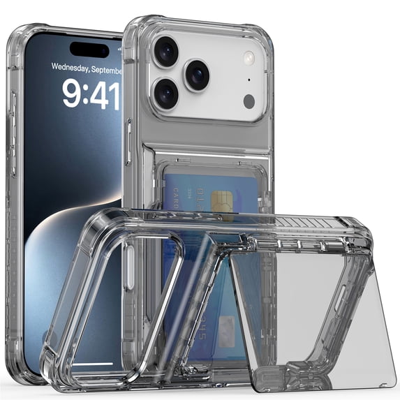 Feishell Crystal Clear Wallet Case for iPhone 17 Pro Max Case with Credit Card Holder & Kickstand, Shockproof Transparent Anti-yellowing Hard PC Back & Soft TPU Edge Non-slip Phone Case,Black
