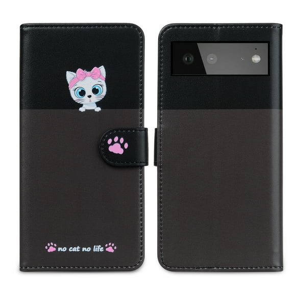 Feishell Cute Animal Pattern Wallet Phone Case for Google Pixel 6,Color Matching PU Leather Shockproof Magnetic Flip Stand Credit Card Slots Slim Phone Case with Wrist Strap, Darkgray